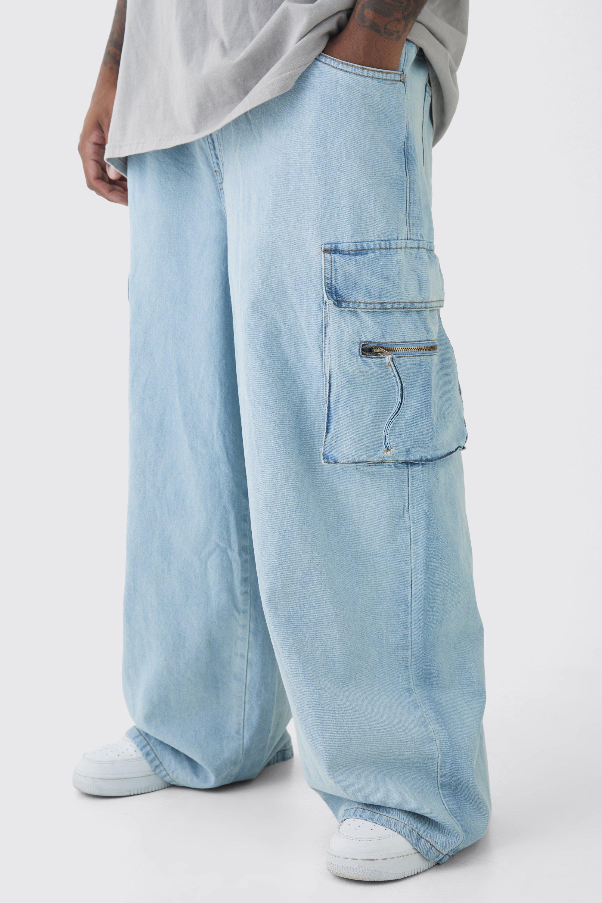 Mens Blue Plus Baggy Rigid Cargo Jeans, Blue
